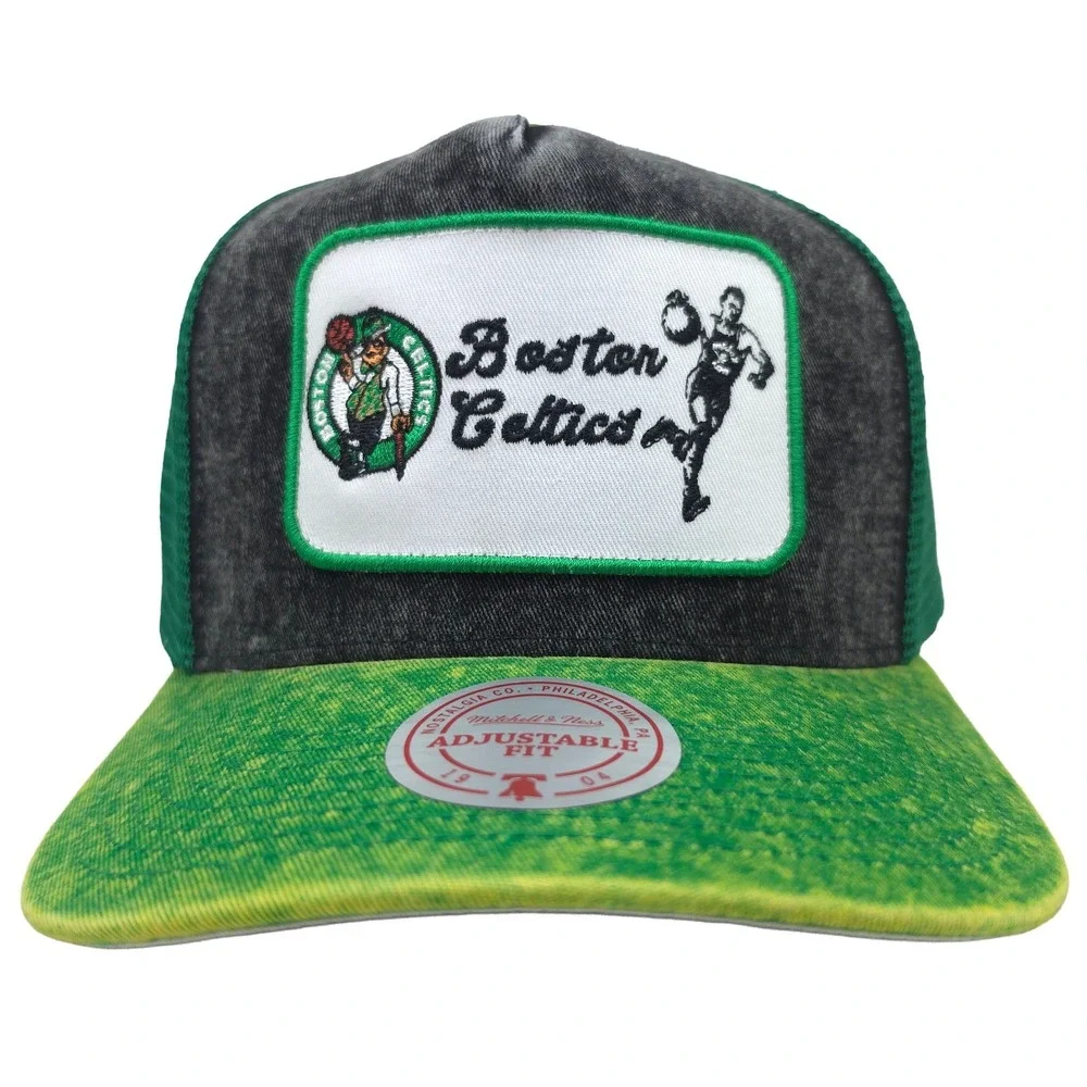 Boston Celtics Mitchell & Ness NBA Trucker Hat Cap Acid Washed Black Green NWT